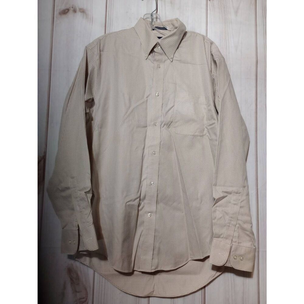 Land's End Shirt Men's Medium Tan White Button Front Long Sleeve Easy Care